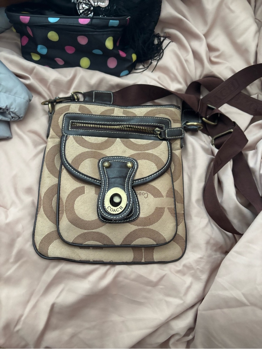 Coach Beige and Brown Signature Crossbody Bag